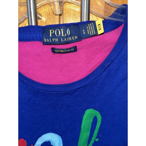 Polo Ralph Lauren T Shirt Custom Slim Fit L Paint Spellout Colorblock Cotton - Picture 2 of 11
